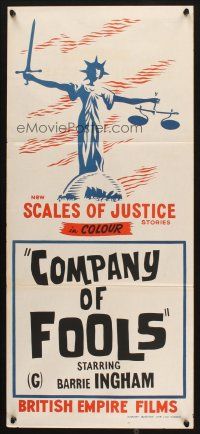 9m964 SCALES OF JUSTICE stock Aust daybill '70s Company of Fools, cool lady justice art!