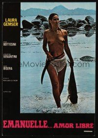 9m030 REAL EMANUELLE Spanish LC '74 image of sexy Olga Bisera topless with fish!