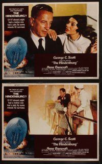 9p578 HINDENBURG 7 LCs '75 George C. Scott & all-star cast, border art of zeppelin crashing down!