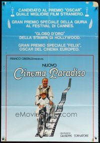9s159 CINEMA PARADISO Italian 1p '90 great image of Philippe Noiret & Salvatore Cascio on bike!