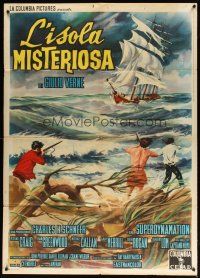 9s238 MYSTERIOUS ISLAND Italian 1p '62 Ray Harryhausen, Jules Verne sci-fi, different ship art!