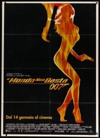 9s314 WORLD IS NOT ENOUGH advance Italian 1p '99 James Bond, flaming silhouette of sexy girl!