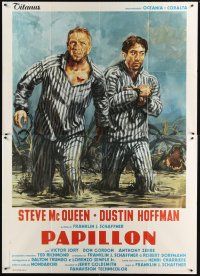 9s087 PAPILLON Italian 2p R1970s different art of prisoners Steve McQueen & Dustin Hoffman escaping!