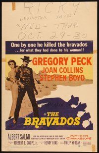9s361 BRAVADOS WC '58 full-length art of cowboy Gregory Peck with gun & sexy Joan Collins!