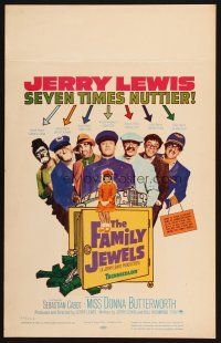 9s402 FAMILY JEWELS WC '65 Jerry Lewis is seven times nuttier in seven roles, wacky art!
