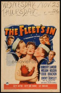 9s411 FLEET'S IN WC '42 art of Dorothy Lamour smooched by sailors William Holden & Eddie Bracken!