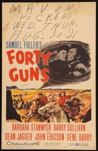 9s417 FORTY GUNS WC '57 Samuel Fuller, art of Barbara Stanwyck & Barry Sullivan on horseback!
