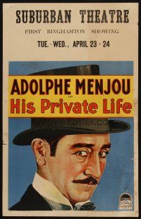 9s457 HIS PRIVATE LIFE WC '28 great close up art of dapper Adolphe Menjou wearing top hat!