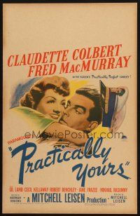 9s559 PRACTICALLY YOURS WC '44 art of Claudette Colbert hugging Air Force pilot Fred MacMurray!