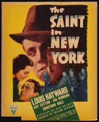 9s582 SAINT IN NEW YORK WC '38 great image of smoking Louis Hayward with fedora looming over cast!