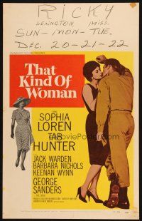 9s609 THAT KIND OF WOMAN WC '59 full-length close up of sexy Sophia Loren kissing Tab Hunter!