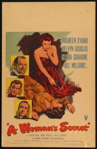 9s641 WOMAN'S SECRET WC '49 Maureen O'Hara with smoking gun over dead body, Nicholas Ray noir!