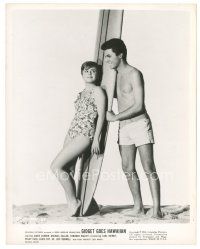 9t555 GIDGET GOES HAWAIIAN 8x10 still '61 James Darren flirts with Deborah Walley by surfboard!
