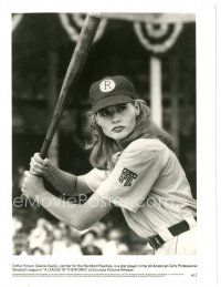 9t681 LEAGUE OF THEIR OWN 8x10 still '92 close up of Geena Davis up to bat, women's baseball