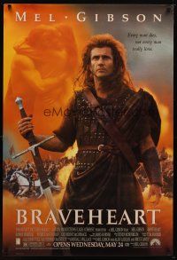 9w078 BRAVEHEART advance 1sh '95 cool image of Mel Gibson as William Wallace!