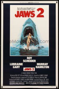 9w323 JAWS 2 1sh '78 art of giant shark attacking girl on water skis by Lou Feck!