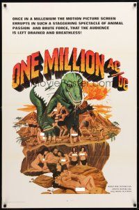 9w546 ONE MILLION AC/DC 1sh 69 wacky artwork of T-Rex attacking naked cave women & cavemen!