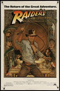 9w620 RAIDERS OF THE LOST ARK 1sh R80s great art of adventurer Harrison Ford by Richard Amsel!