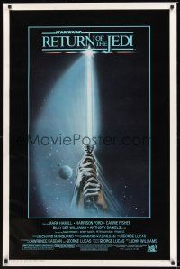 9w638 RETURN OF THE JEDI 1sh '83 George Lucas classic, great artwork of hands holding lightsaber!