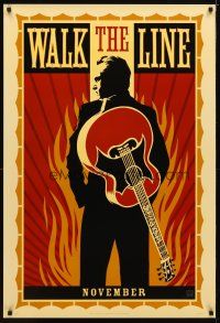 9w823 WALK THE LINE style A teaser 1sh '05 cool artwork of Joaquin Phoenix as Johnny Cash!