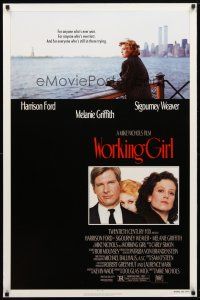 9w843 WORKING GIRL 1sh '88 Harrison Ford, Melanie Griffith looking over ocean by New York City!