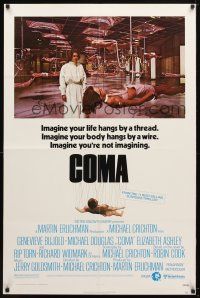 9x177 COMA 1sh '77 Genevieve Bujold finds room full of coma patients in special harnesses!