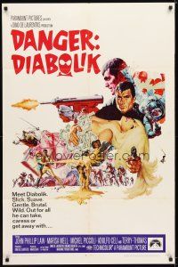 9x193 DANGER: DIABOLIK 1sh '68 Mario Bava, art montage of John Phillip Law & sexy Marisa Mell!