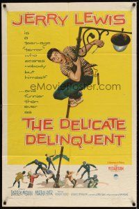 9x204 DELICATE DELINQUENT 1sh '57 wacky teen-age terror Jerry Lewis hanging from light post!