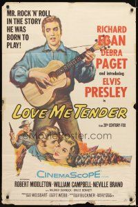 9x473 LOVE ME TENDER 1sh '56 1st Elvis Presley, artwork with Debra Paget & playing guitar!