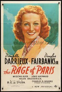 9x633 RAGE OF PARIS style B 1sh '38 Douglas Fairbanks Jr, cool portrait art of Danielle Darrieux!