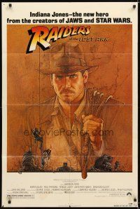 9x636 RAIDERS OF THE LOST ARK 1sh '81 great art of adventurer Harrison Ford by Richard Amsel!