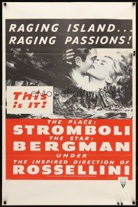 9x823 STROMBOLI military 1sh R60s Ingrid Bergman, directed by Roberto Rossellini, cool volcano art!