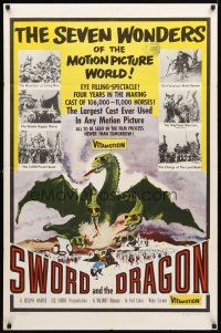 9x858 SWORD & THE DRAGON 1sh '60 cool fantasy art of three-headed winged monster attacking!