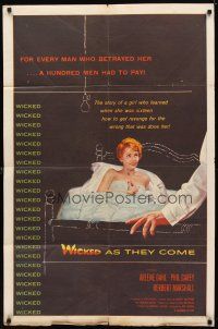 9x971 WICKED AS THEY COME 1sh '56 directed by Ken Hughes, sexy bad girl Arlene Dahl in bed!