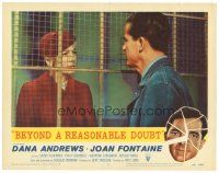 9y272 BEYOND A REASONABLE DOUBT LC #2 '56 Fritz Lang noir, c/u of Dana Andrews & Joan Fontaine!