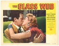 9y502 GLASS WEB LC #8 '53 close up of John Forsythe kissing sexy Kathleen Hughes on couch!