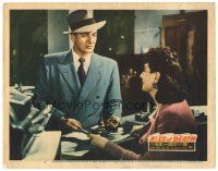 9y562 KISS OF DEATH LC #4 '47 Victor Mature shows gun to girl behind desk, film noir classic!