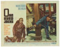 9y715 ONE EYED JACKS LC #8 '61 great close up of star & director Marlon Brando crouching with gun!