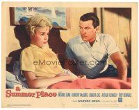 9y889 SUMMER PLACE LC #4 '59 close up of Sandra Dee & Richard Egan on bed, young lovers classic!
