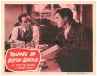 9y944 TRAPPED BY BOSTON BLACKIE LC #5 '48 detective Chester Morris shows newspaper to George Stone