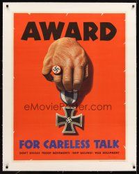 9z021 AWARD FOR CARELESS TALK linen 29x37 WWII war poster '44 art of Nazi medal by Steven Dohanos!