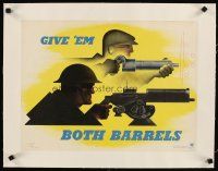 9z046 GIVE 'EM BOTH BARRELS linen 15x20 WWII war poster '41 Carlu art of soldier & worker w/ guns!