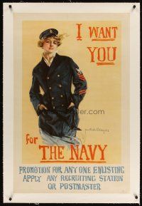 9z004 I WANT YOU FOR THE NAVY linen 27x41 WWI war poster '17 Howard Chandler Christy female sailor!