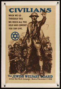 9z016 JEWISH WELFARE BOARD linen 22x33 WWI war poster '18 cool soldier art by Sidney H. Riesenberg!