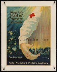 9z015 KEEP THIS HAND OF MERCY AT ITS WORK linen 21x28 WWI war poster '18 art by P.G. Morgan!
