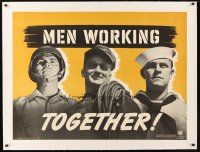 9z034 MEN WORKING TOGETHER linen 30x40 WWII war poster '41 soldiers & factory workers do their part!
