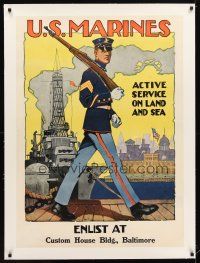 9z006 U.S. MARINES ACTIVE SERVICE ON LAND & SEA linen 28x39 WWI war poster '16 cool Reisenberg art!