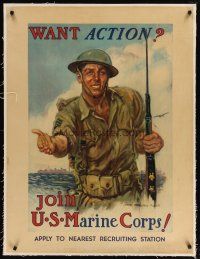 9z018 WANT ACTION? JOIN U.S. MARINE CORPS linen 30x40 WWII war poster '41 James Montgomery Flagg!