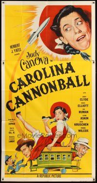 1d544 CAROLINA CANNONBALL 3sh '55 wacky art of Judy Canova on tiny train, sci-fi comedy!