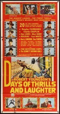 1d576 DAYS OF THRILLS & LAUGHTER 3sh '61 Charlie Chaplin, Laurel & Hardy, cool train chase art!